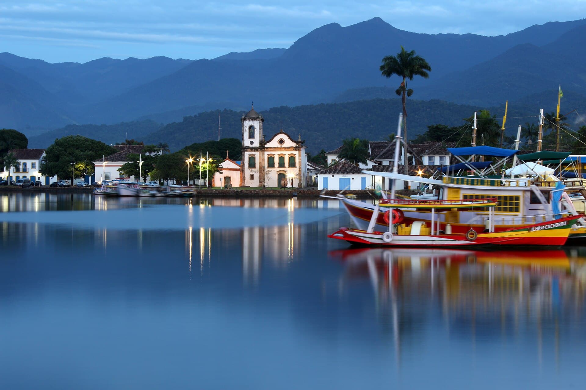 Paraty's whitewashed colonial centre along the cobblestoned waterfront — UNESCO World Heritage.